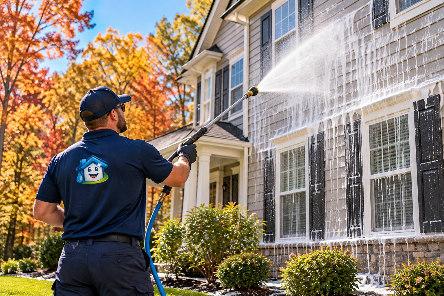 Technician soft washing full home exterior before winter
