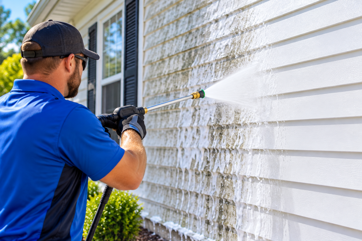 Technician rinsing soft wash solution off home exterior siding.