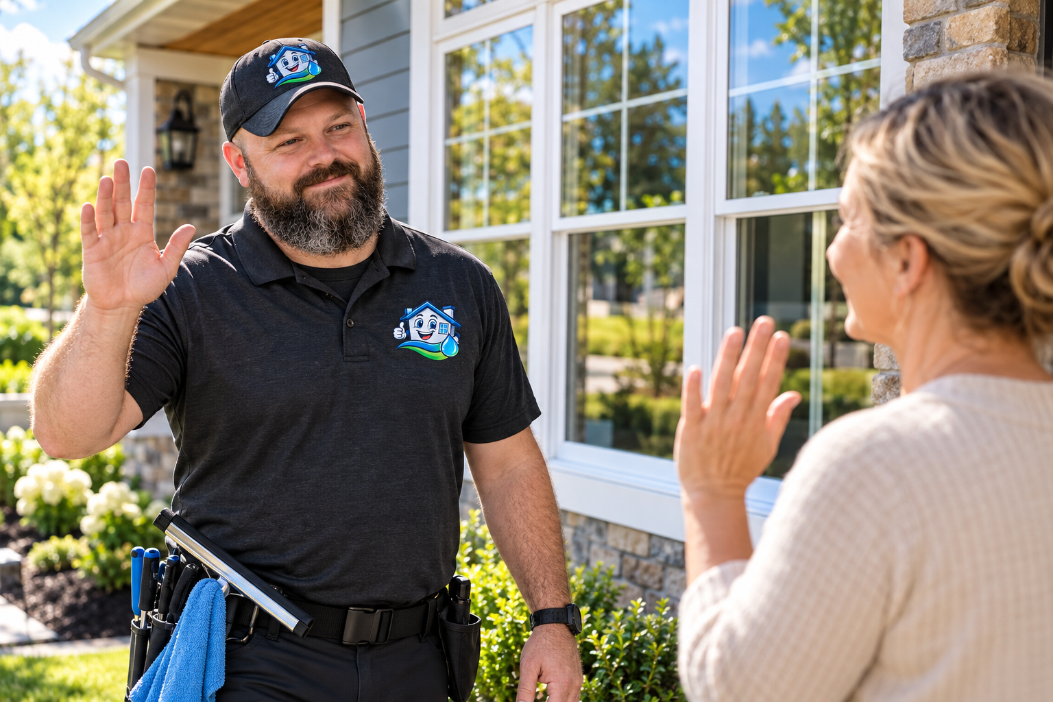 Technician completing window cleaning service for Sevierville homeowner.