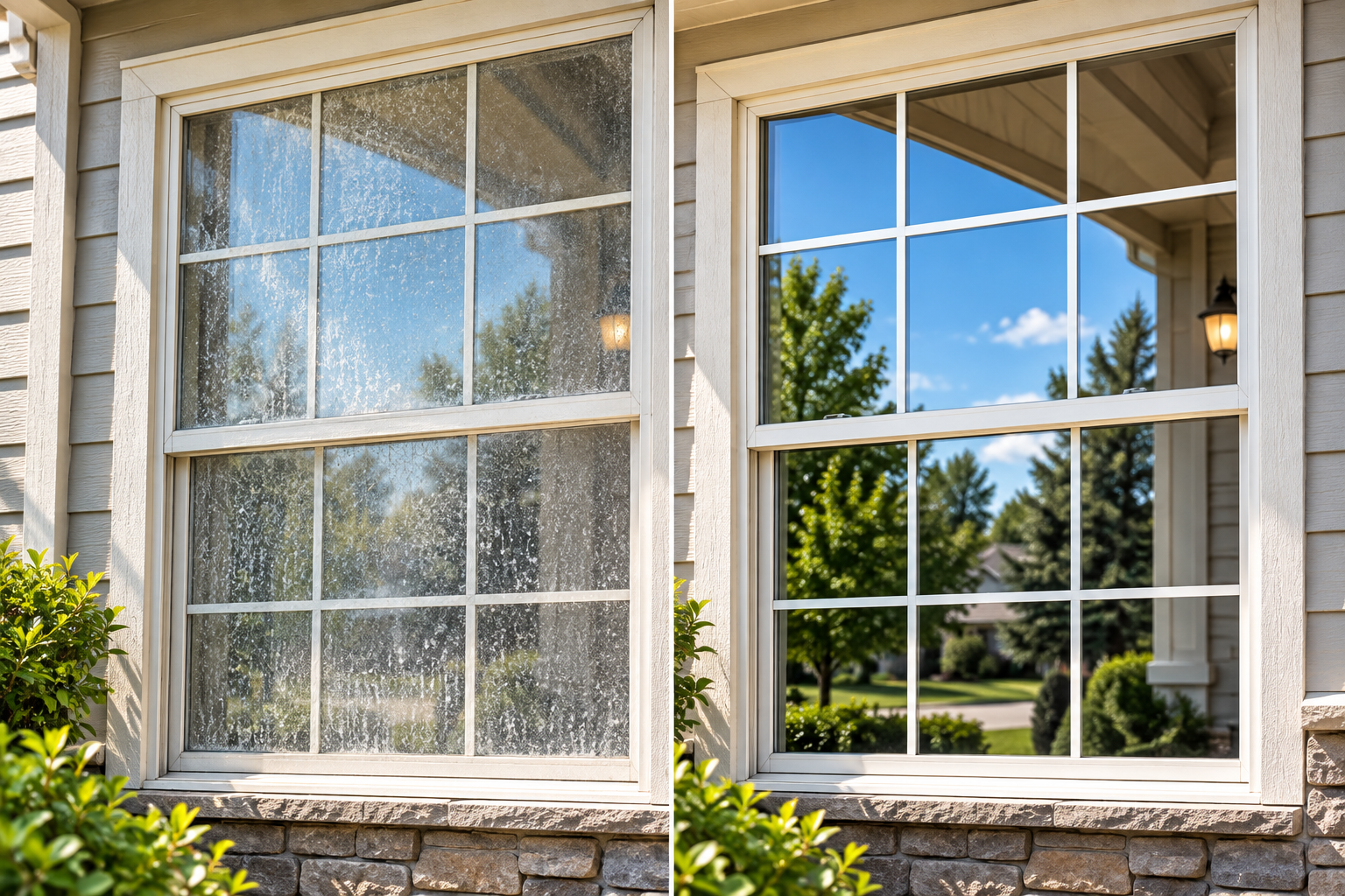 Comparison of dirty versus professionally cleaned window.