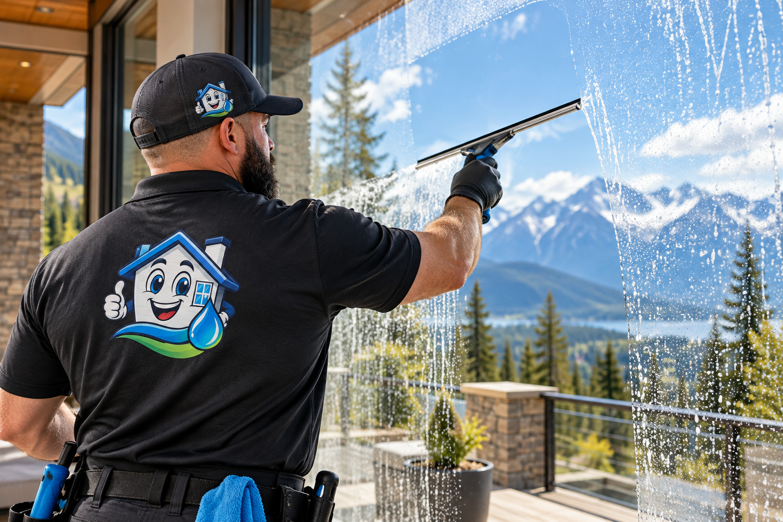 Technician cleaning large picture window with mountain view.
