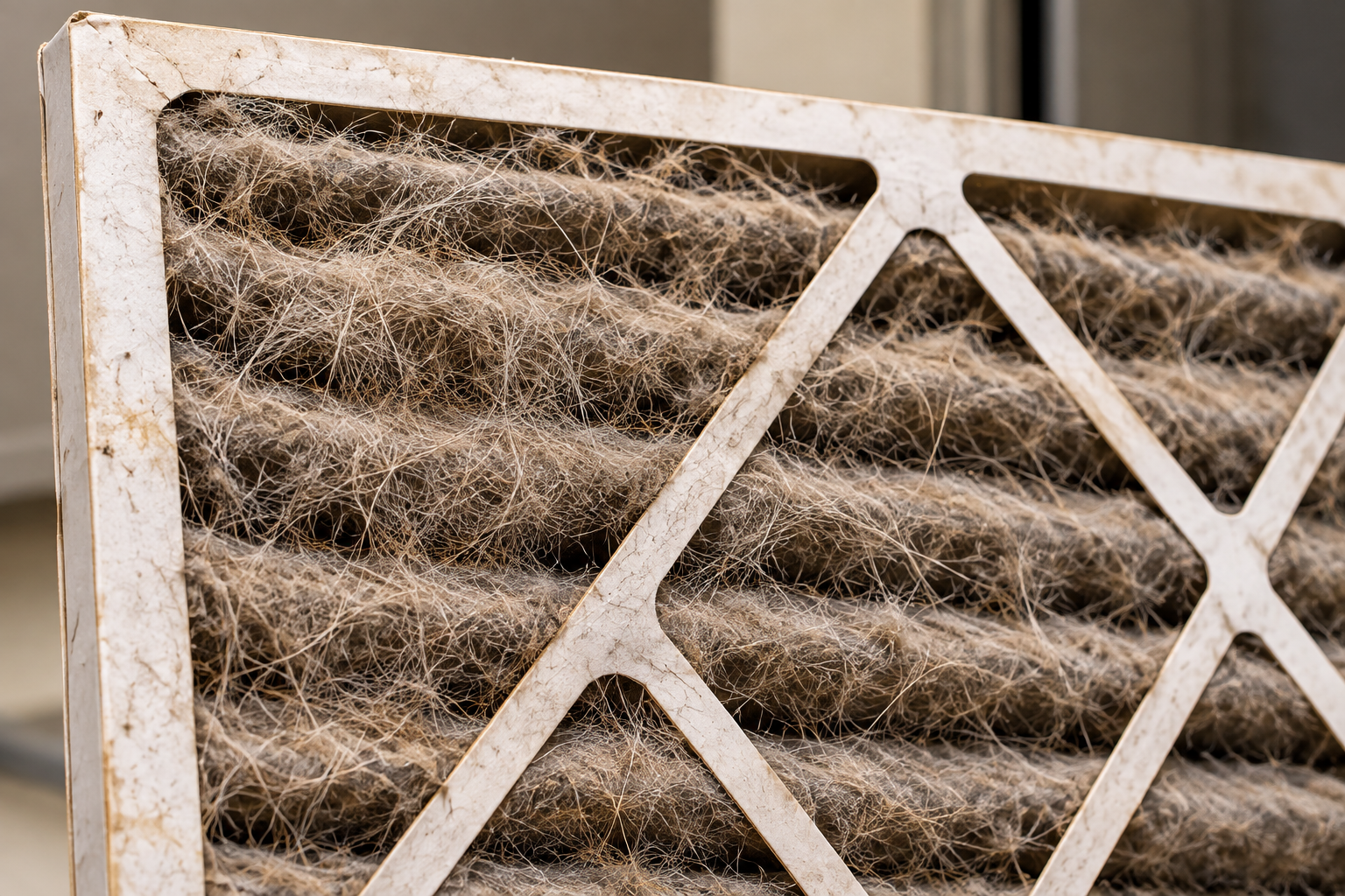 Close-up of severely clogged dirty HVAC air filter.