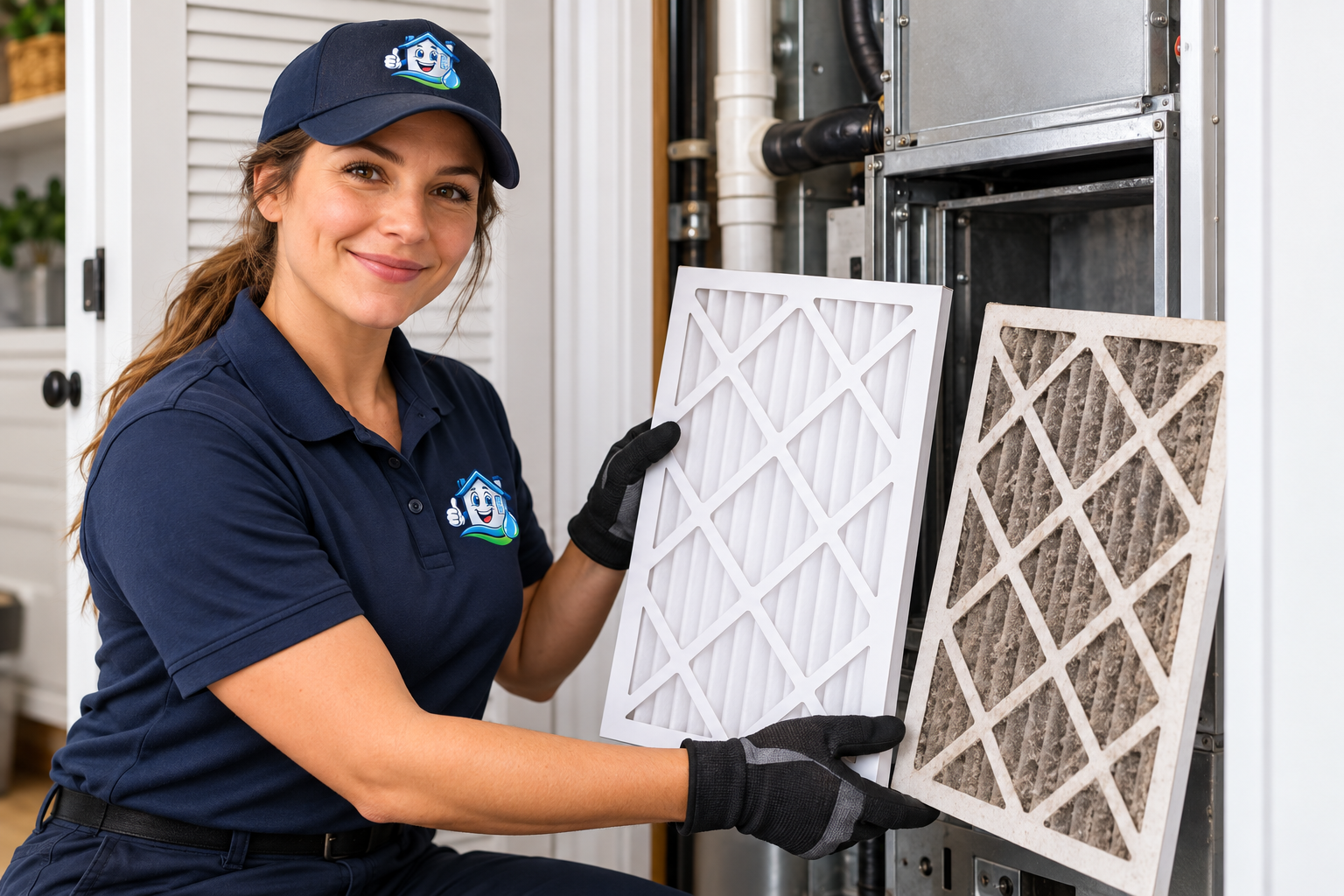 Technician replacing HVAC air filter showing clean versus dirty comparison