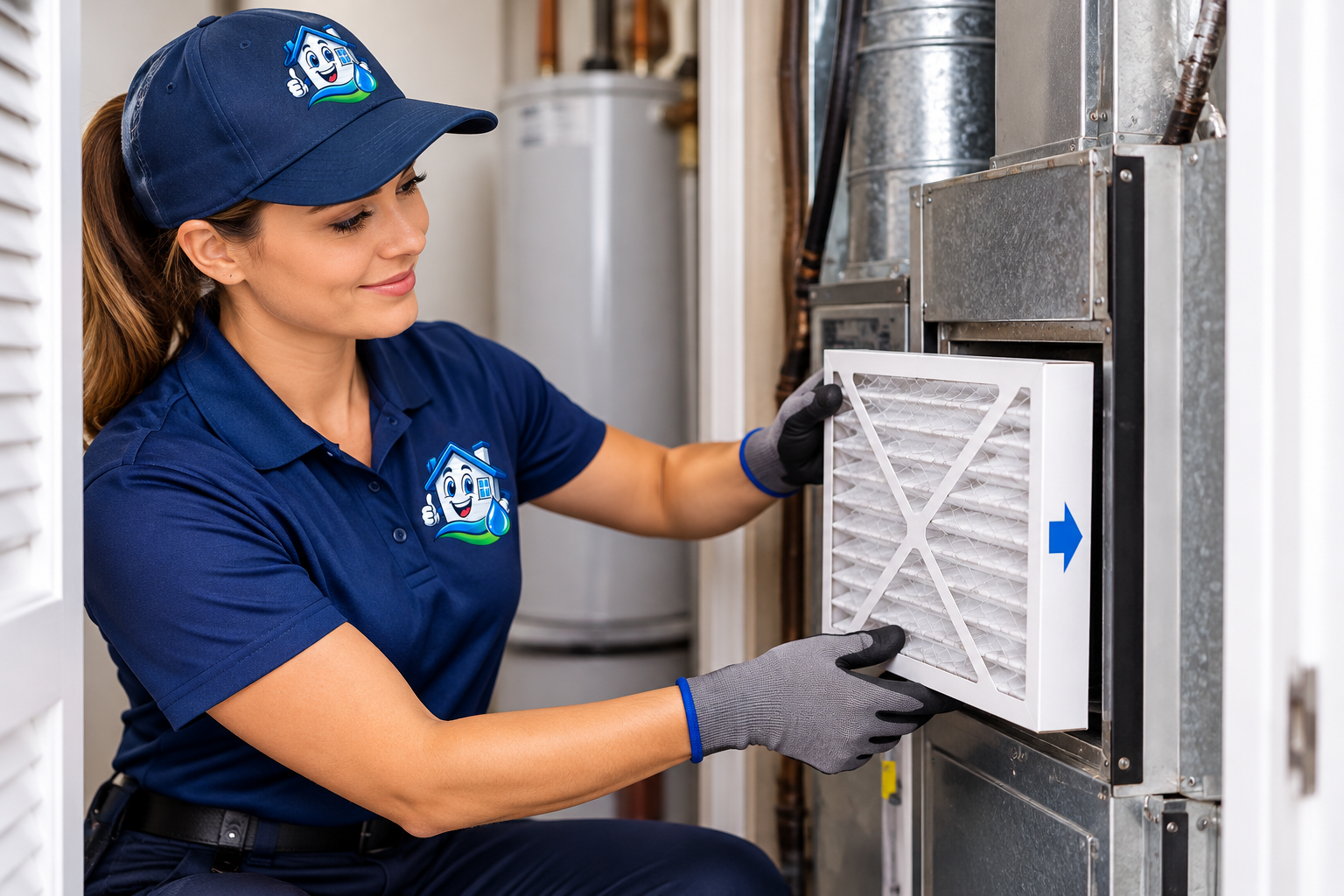 Technician installing new HVAC air filter correctly.