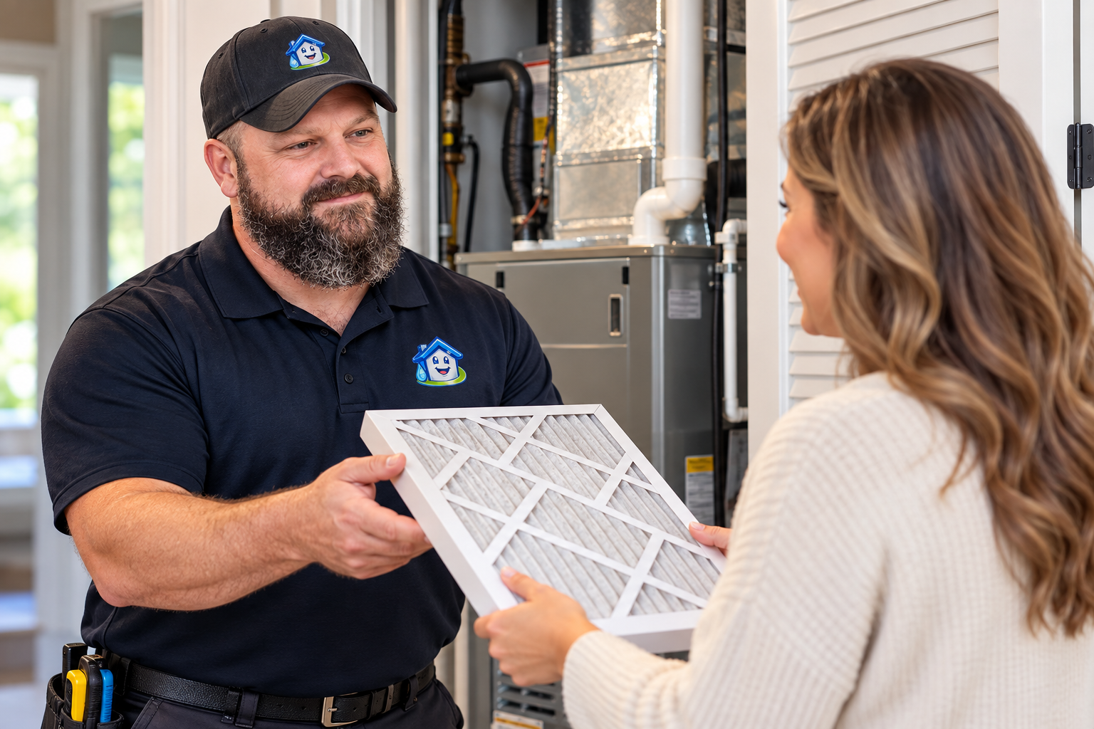 Technician handing homeowner a new HVAC air filter.