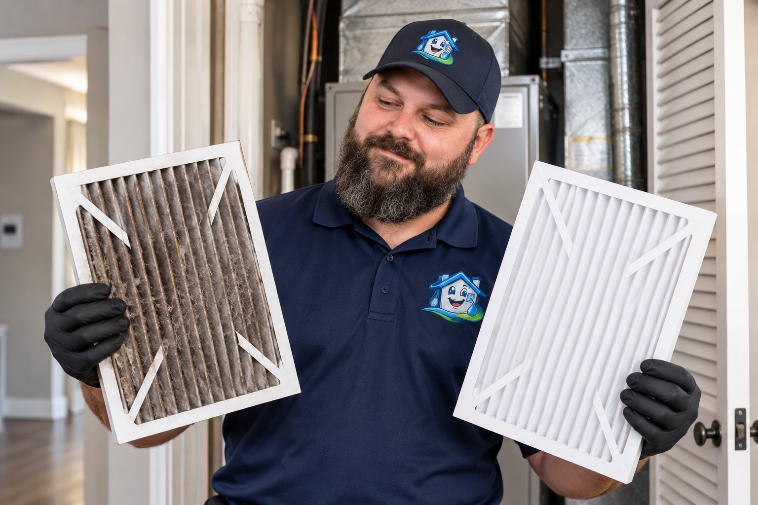 Technician comparing dirty and clean HVAC air filters.