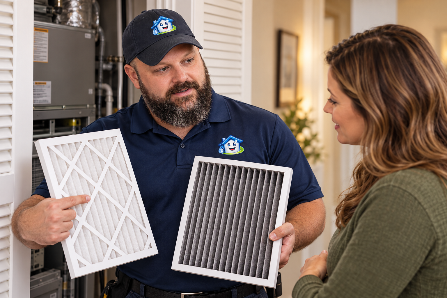 Technician explaining air filter options to homeowner.