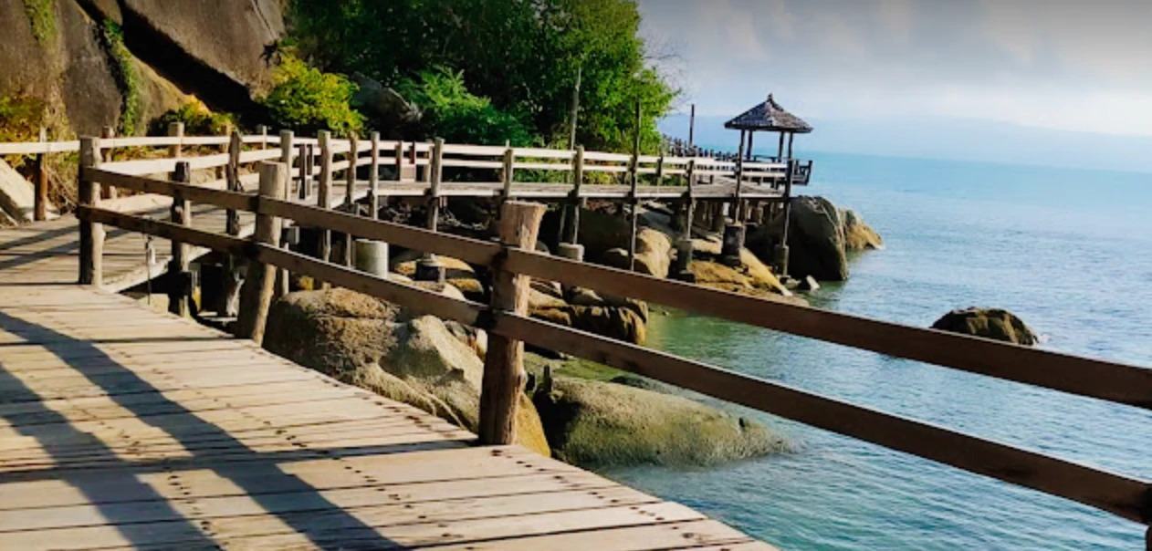 A wooden boardwalk with a rail running along the rocks above the sea
