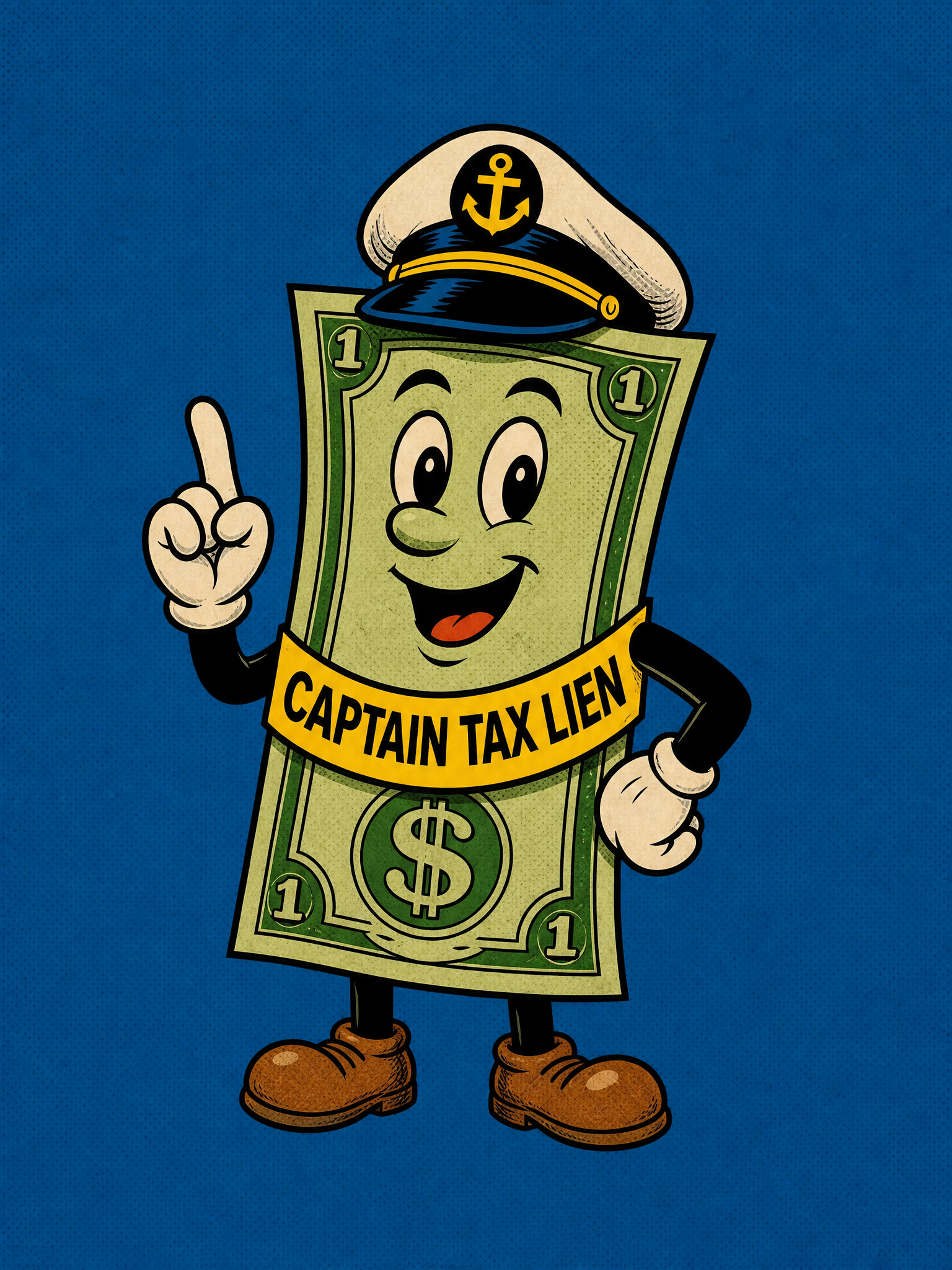 Captain Tax Lien - dollar bill mascot pointing up, in a captain's hat