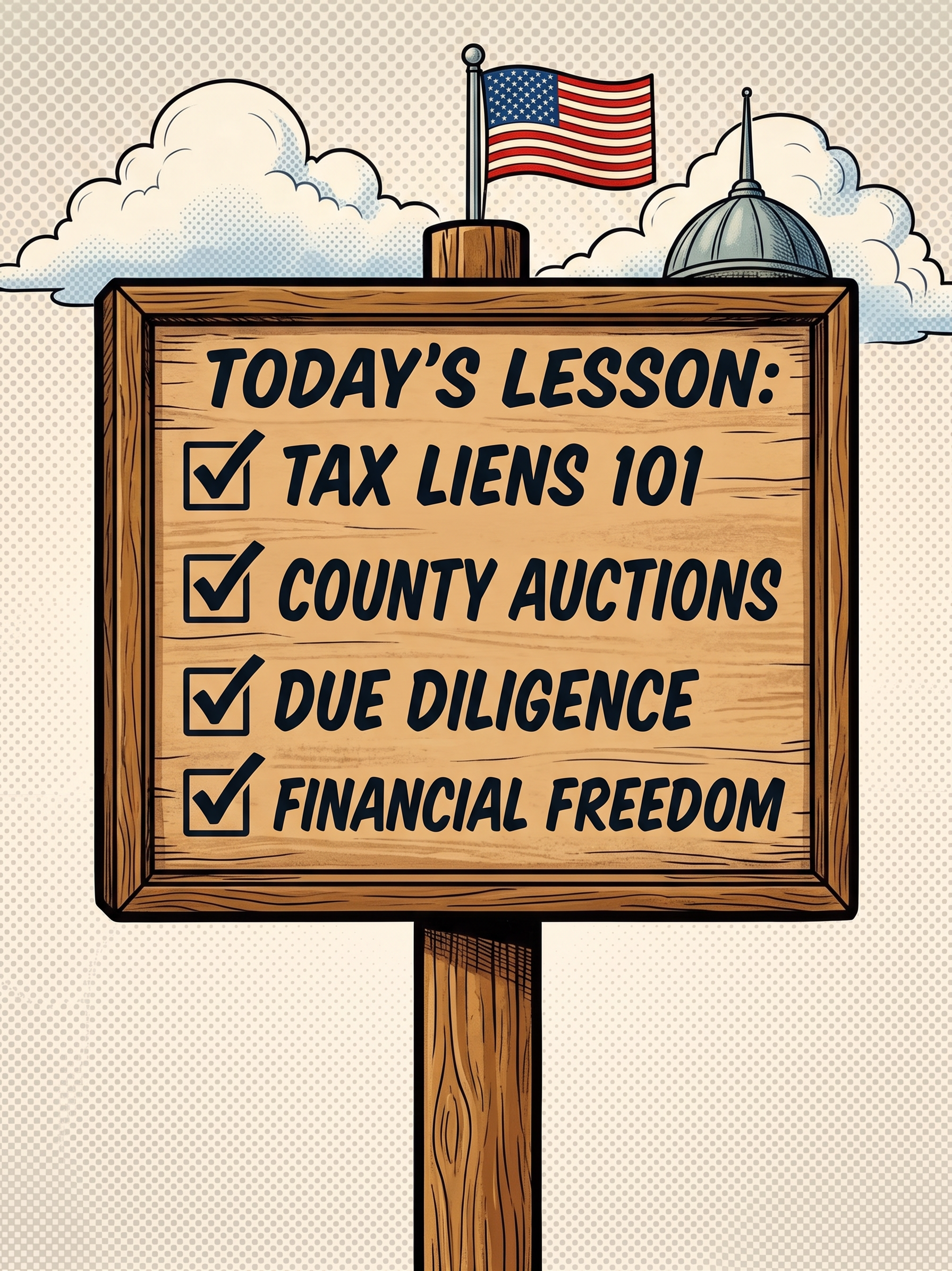 Today's Lesson sign - Tax Liens 101, County Auctions, Due Diligence, Financial Freedom