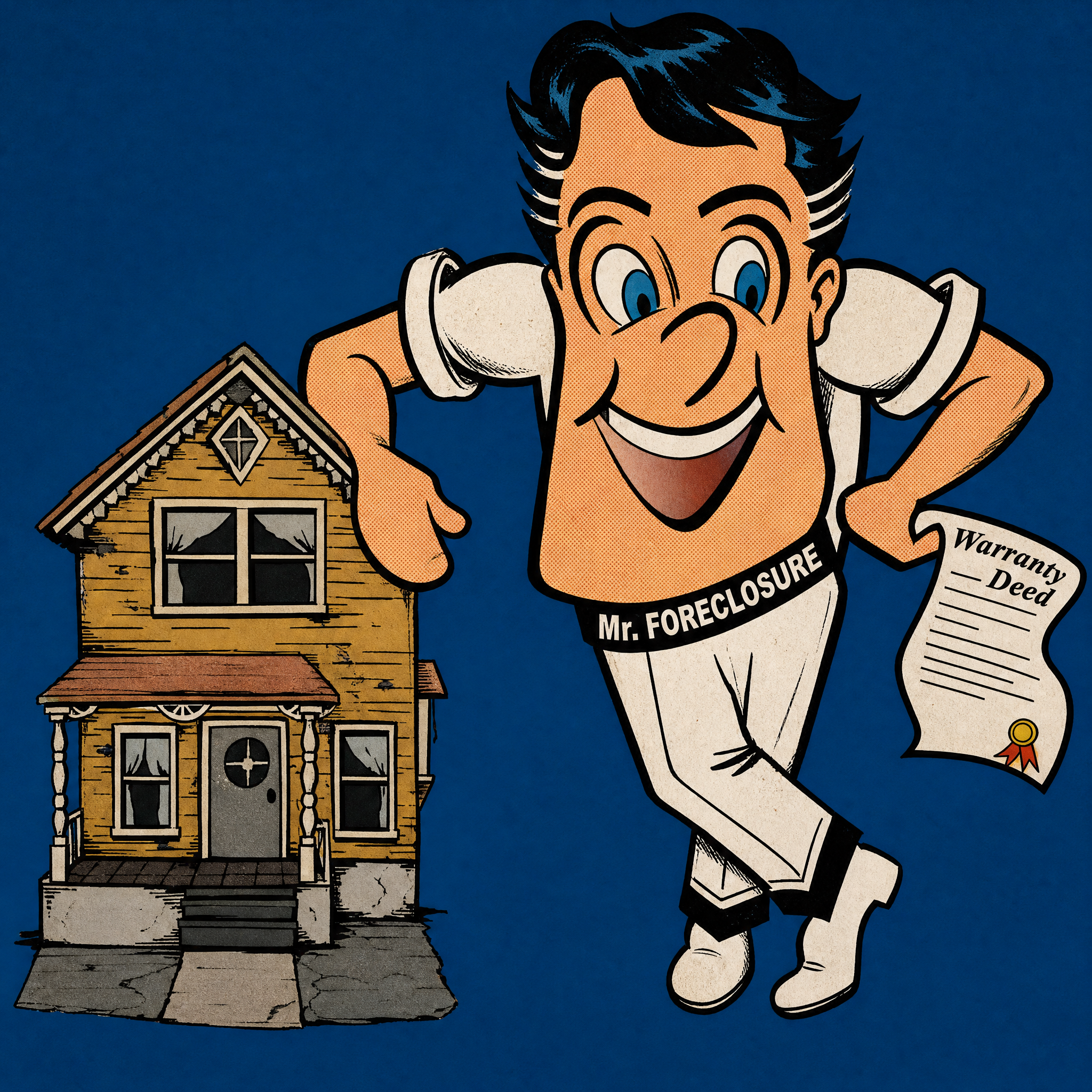 Mr. Foreclosure - cartoon character holding a Warranty Deed next to a house