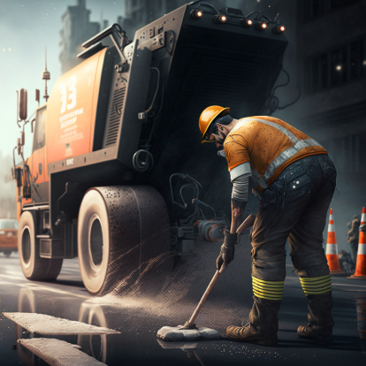 construction guy cleaning asphalt road