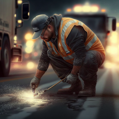 asphalt contractor repairing an asphalt road and creating sparks