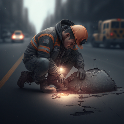 man inspecting asphalt road cracks