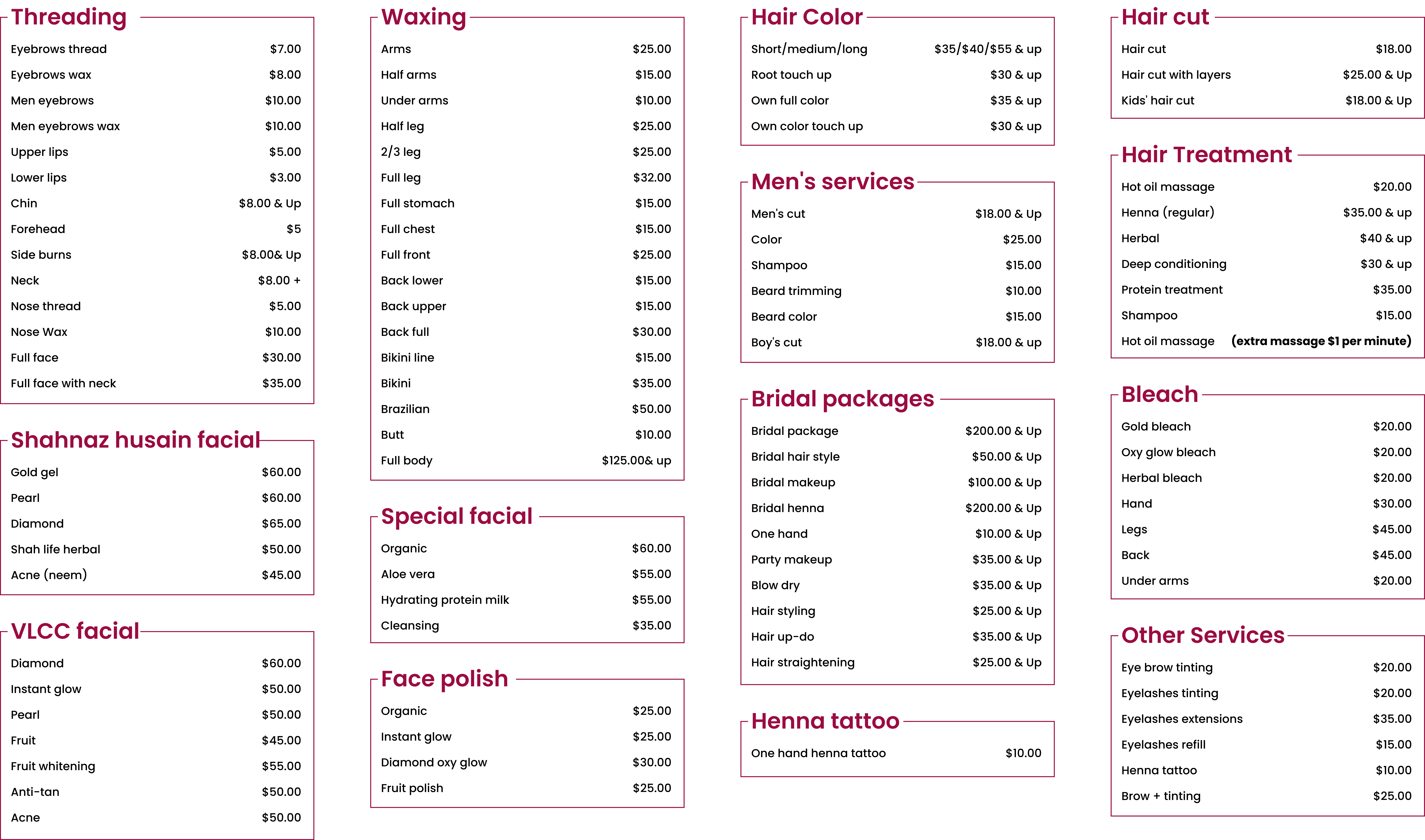 Pricing list