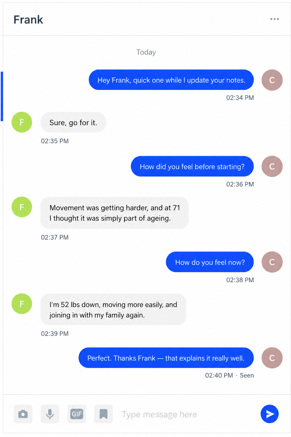 Message conversation with Frank about his Apex transformation