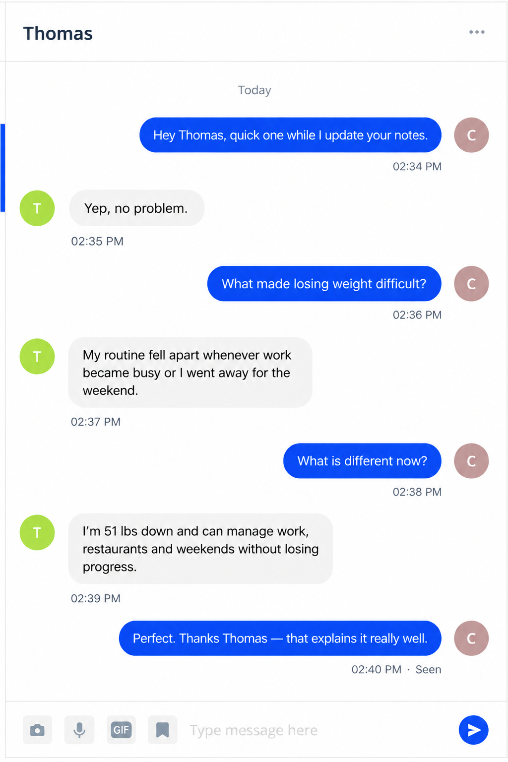 Message conversation with Thomas about his Apex transformation