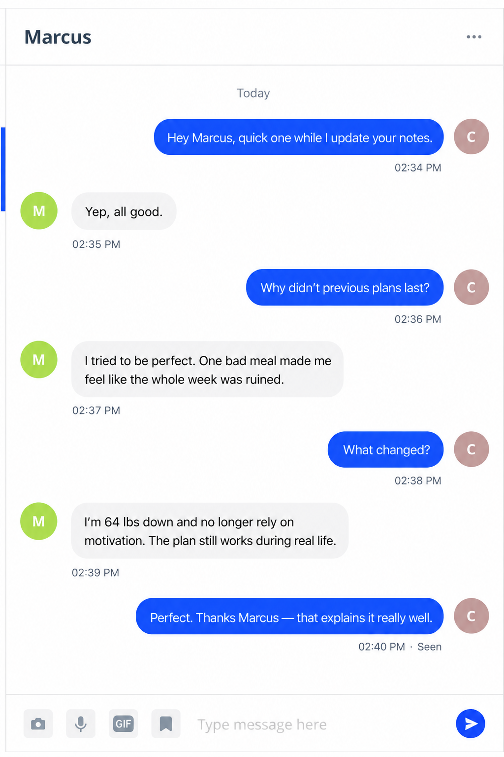 Message conversation with Marcus about his Apex transformation