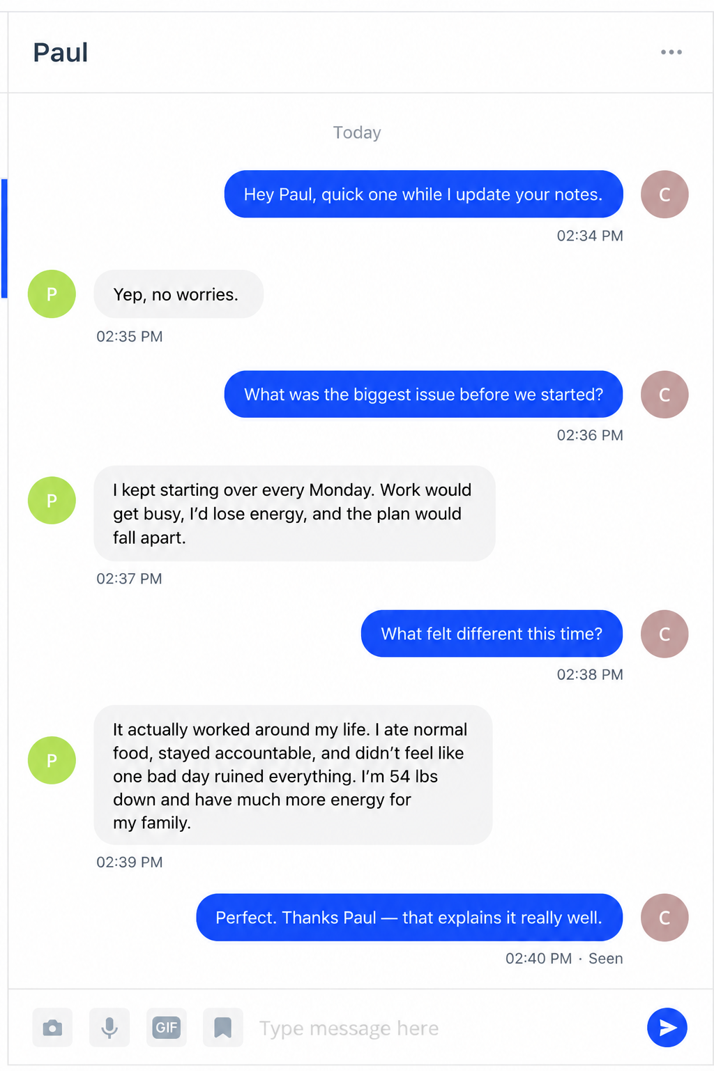 Message conversation with Paul about his Apex transformation