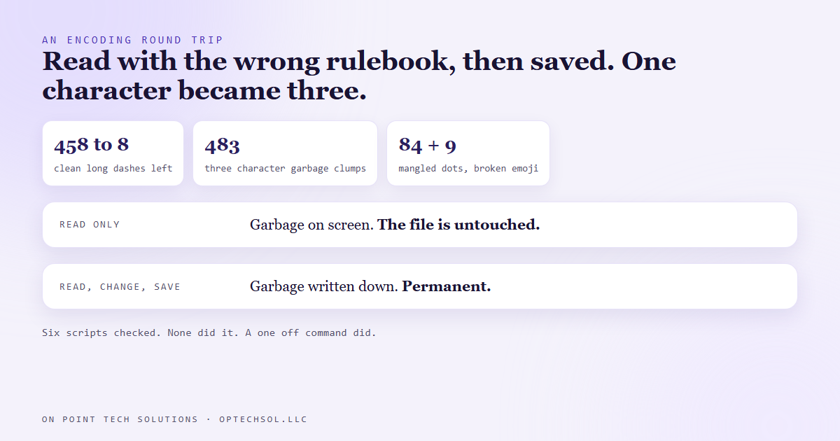 Diagram of the encoding round trip: a dash stored as three bytes is read with the wrong encoding as three separate characters, and saving the file writes those three characters back as a permanent garbage sequence, 483 times across the approval file