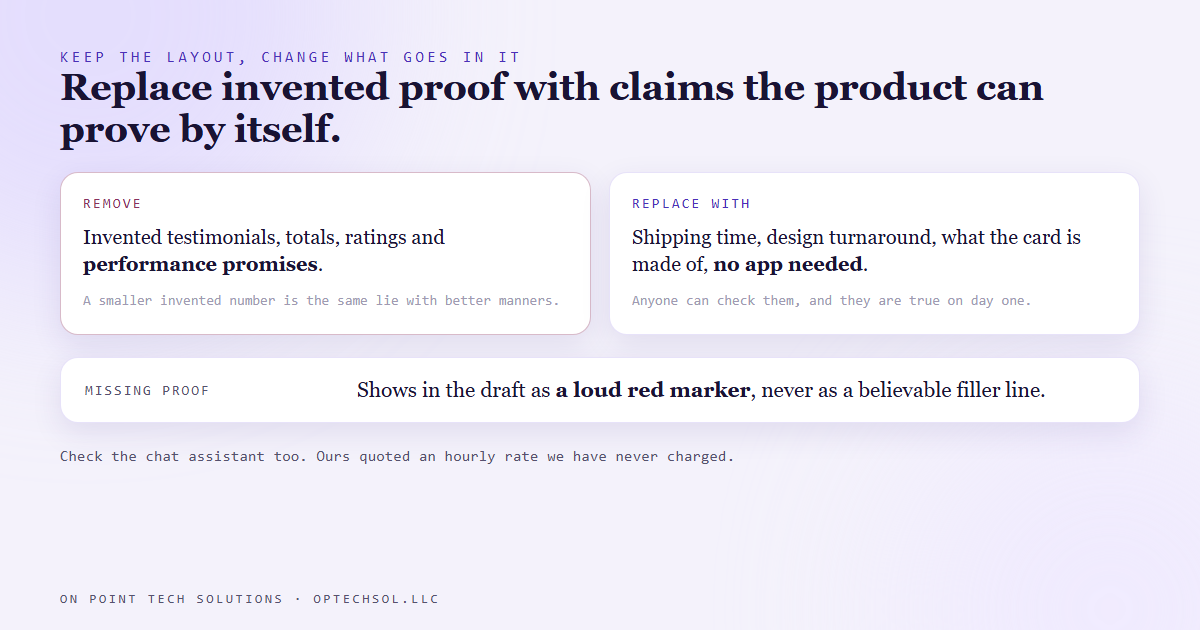 Two columns showing what to remove, invented testimonials, totals, ratings and performance promises, and what to replace them with, shipping time, design turnaround, what the card is made of and no app needed, above a row saying missing proof shows in the draft as a loud red marker rather than a believable filler line