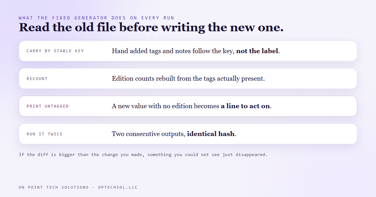 Four rows showing what the fixed generator does on every run: carries hand added keys by stable key, recounts the tags, lists anything untagged, and produces an identical hash on a second run