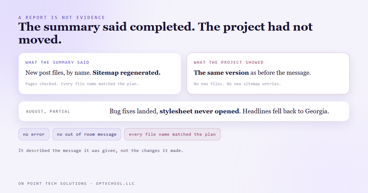 Two columns comparing what the AI builder's summary said, files created, sitemap regenerated and checks run, with what the project actually showed, the same version as before the message and no new files, above a row noting the August partial finish where the stylesheet was never opened