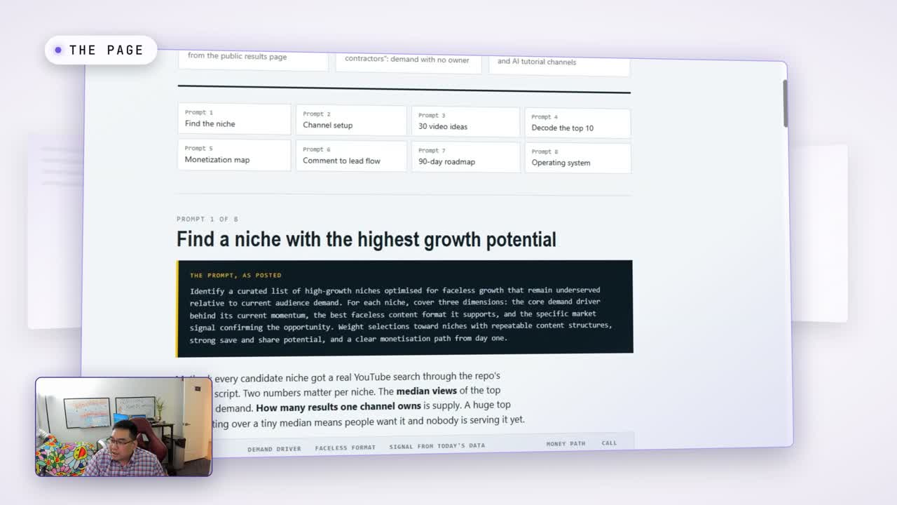 Eight Prompts to a Channel page in Claude with the faceless YouTube niche research for prompt one