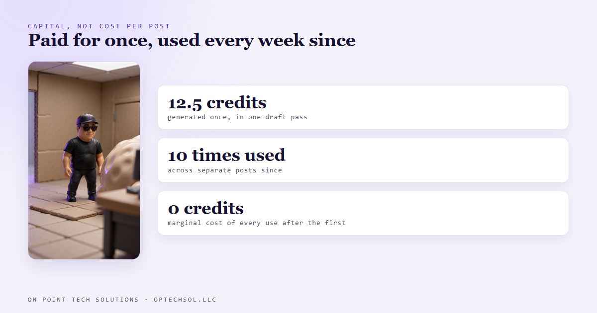One character bank frame beside three stat cards reading twelve and a half credits, ten times used, and zero marginal cost