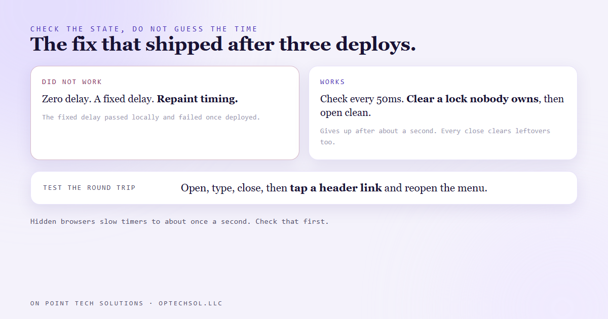 The shipped fix as a loop checking every fifty milliseconds: if a layer is still open, wait; if nothing is open but the page is locked, clear the leftover lock and open the pop up clean; stop after about one second, with every pop up also clearing a leftover lock as it closes