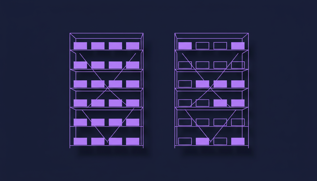 Two identical shelving units side by side, the left full of solid blocks, the right with several drawn as empty outlines