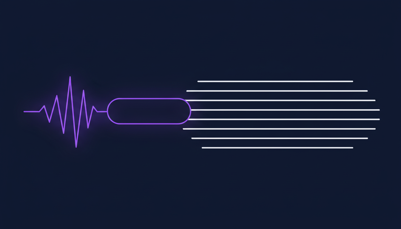A violet waveform entering a small panel on one side and clean lines of text leaving on the other