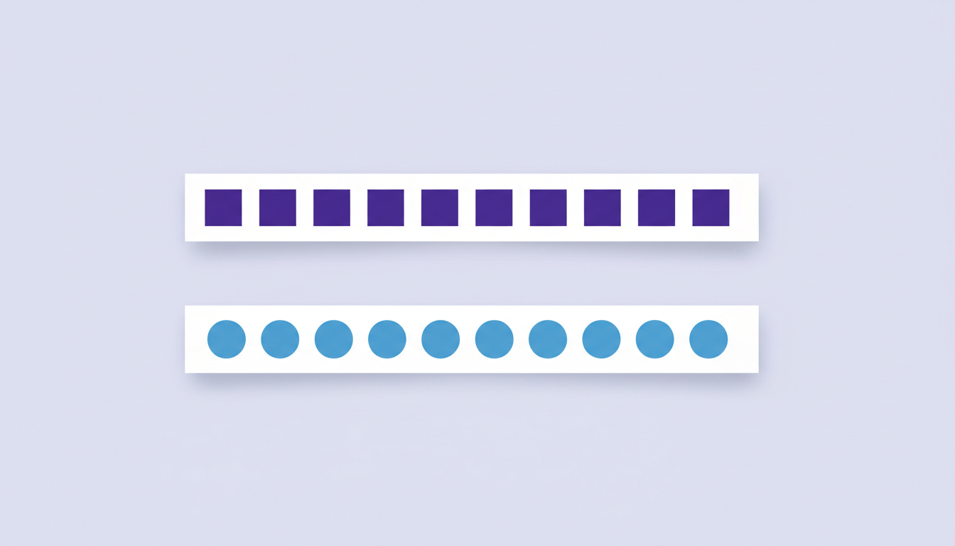 Two separate white panels stacked with a gap between them, the upper one holding a row of violet squares and the lower one holding a row of blue circles