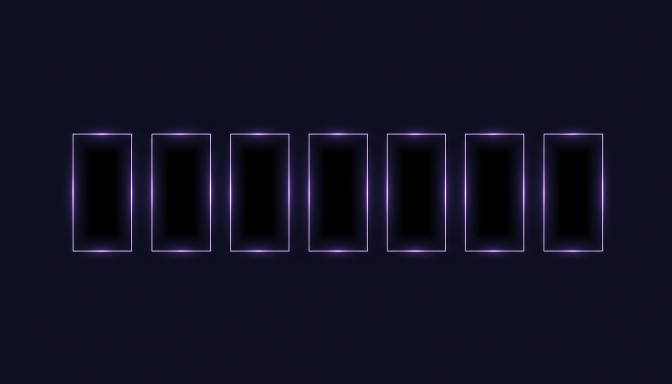 A row of identical upright frames edged in violet light, every one of them completely empty inside