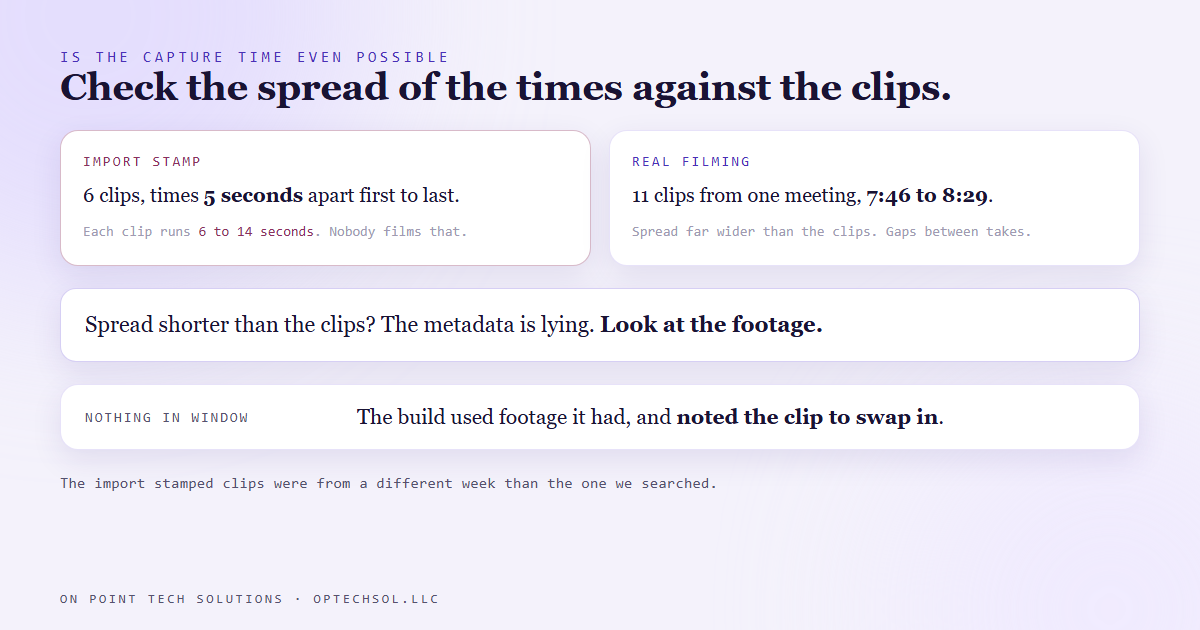 A quick test for whether clip timestamps are real: if the gaps between them are shorter than the clips, the times are an import stamp and the footage has to be checked by eye