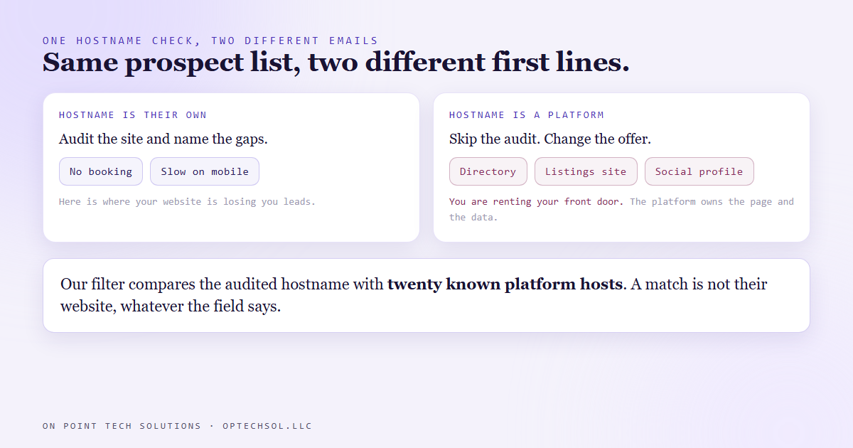 Two columns contrasting the pitch for a business that owns its own website with the different pitch for a business whose only web presence is a page on someone else's platform