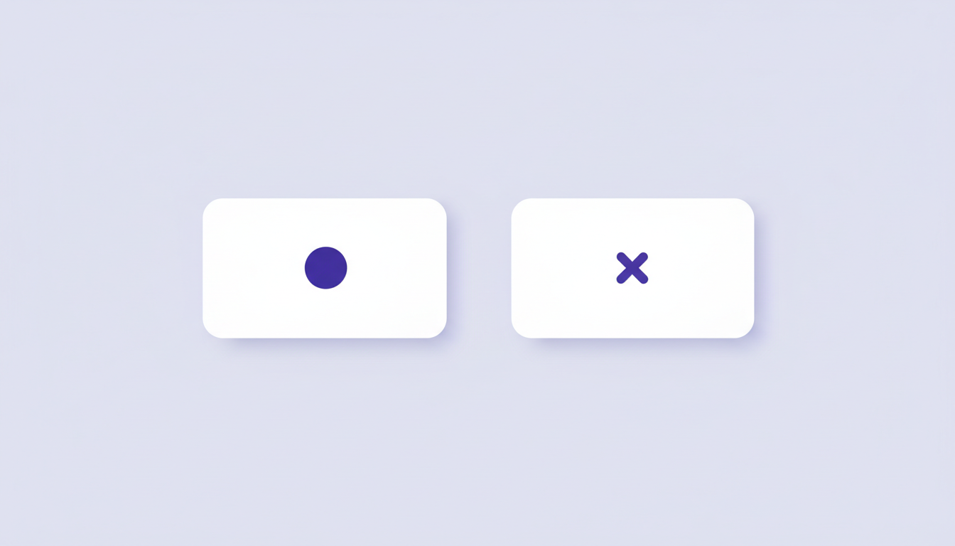 Two separate white cards, the left one carrying a violet dot and the right one a violet cross