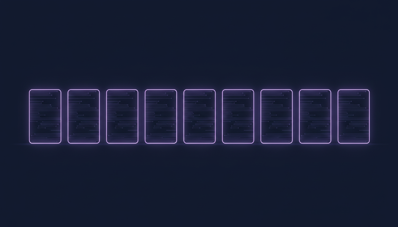 A neat row of identical ruled cards, evenly spaced and edged in violet light