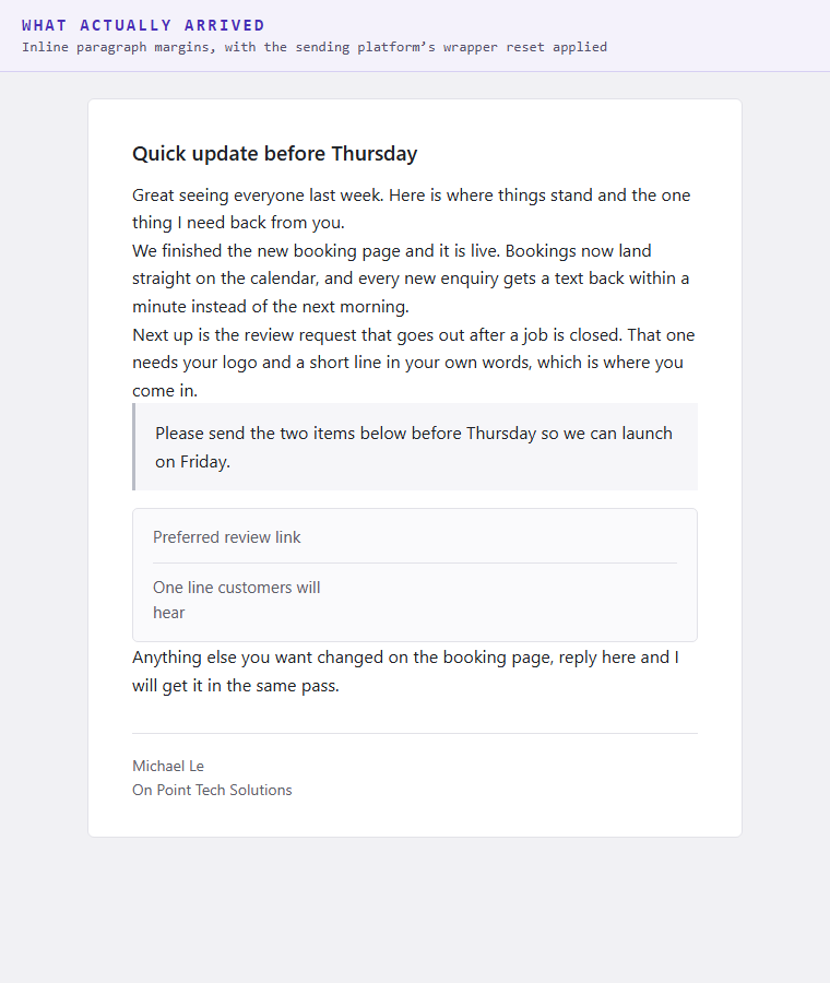 Email rendering with paragraphs stacked flush against each other with no spacing between blocks