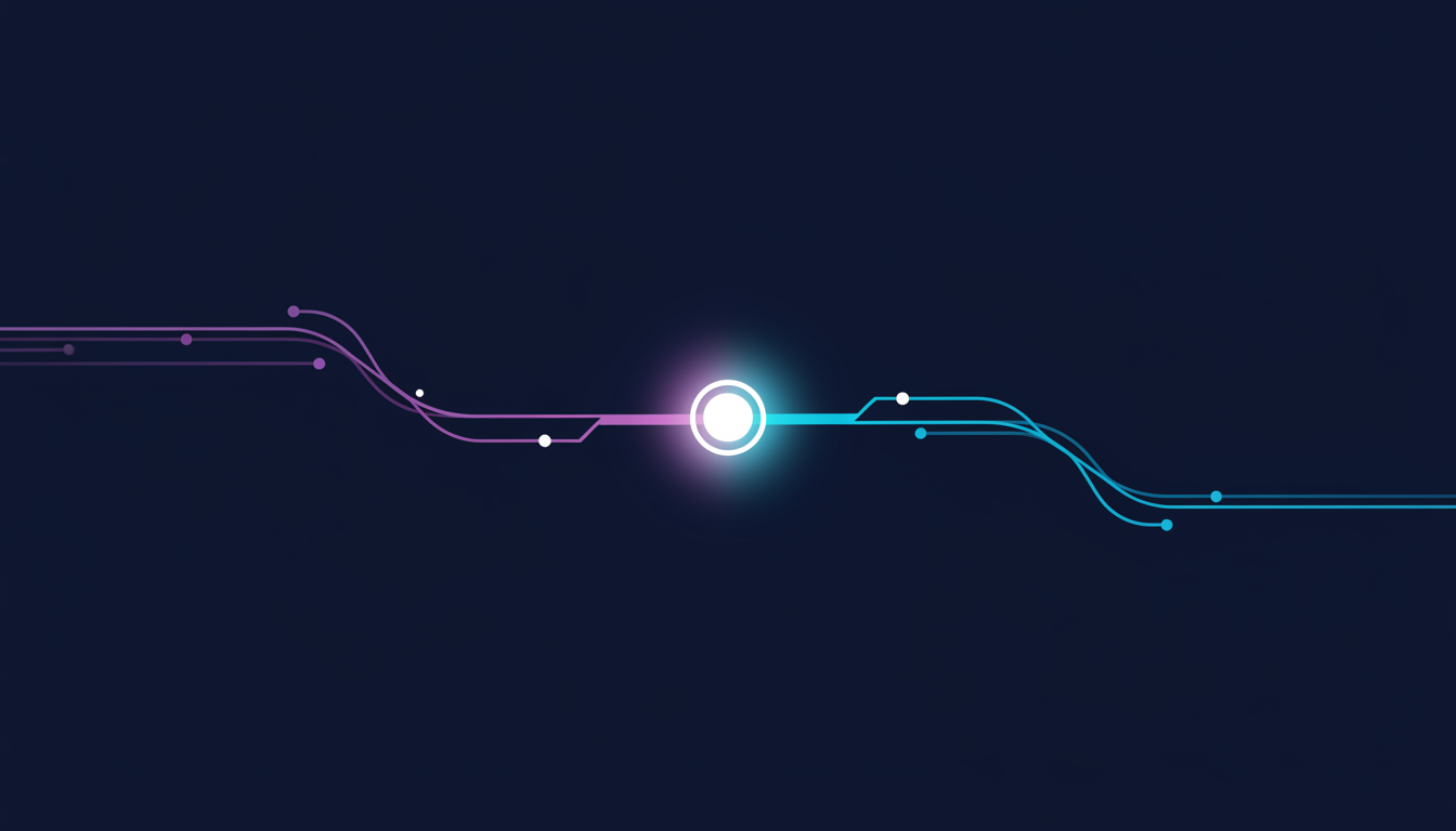 Two separate paths of light arriving from opposite sides and converging into one shared node