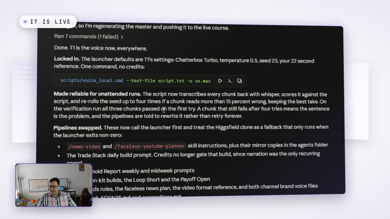 Claude confirming the chosen voice clone take is now used in every video pipeline with one command and no credits
