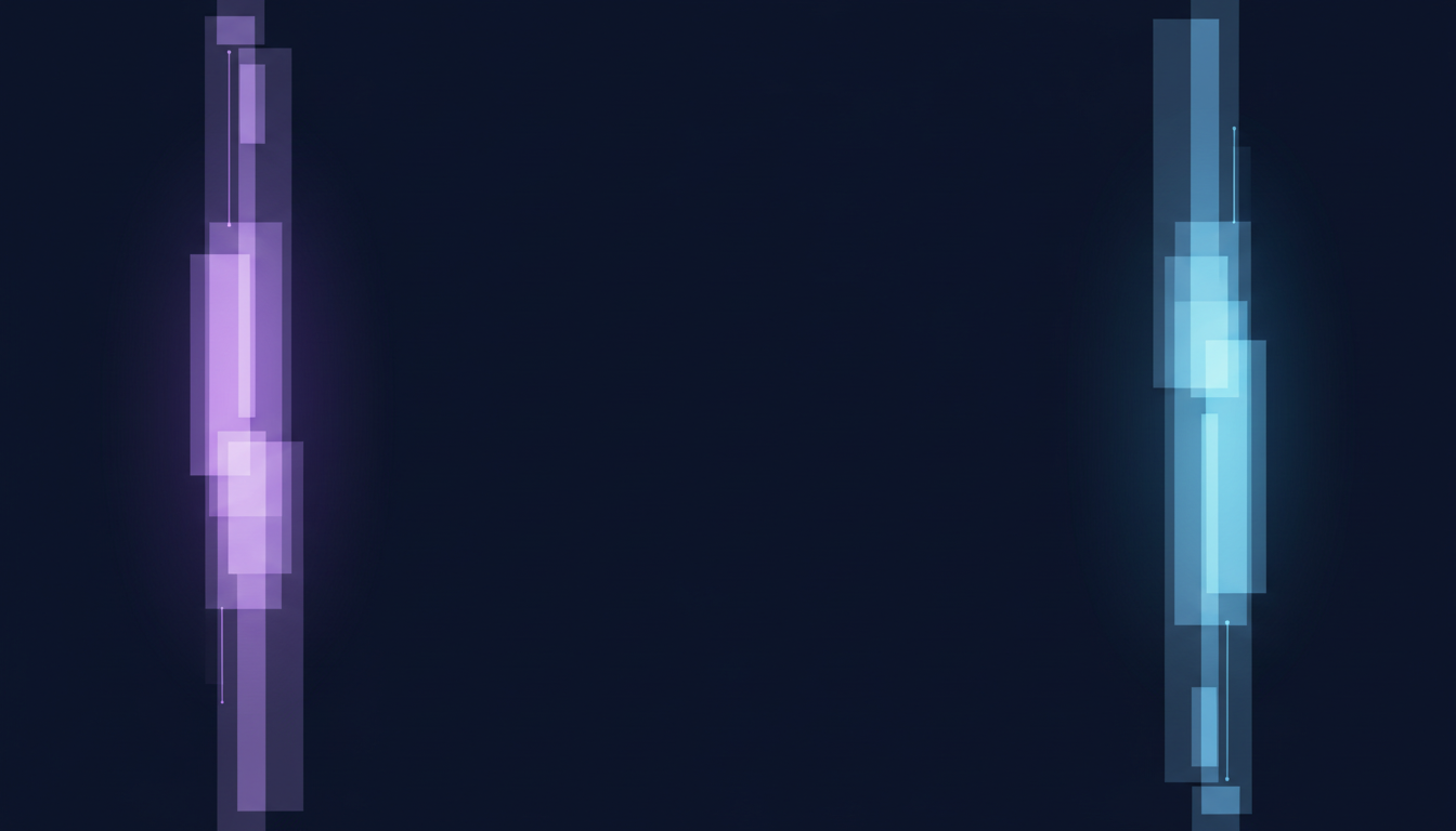 Two separate vertical channels of light with a wide dark gap between them, never crossing