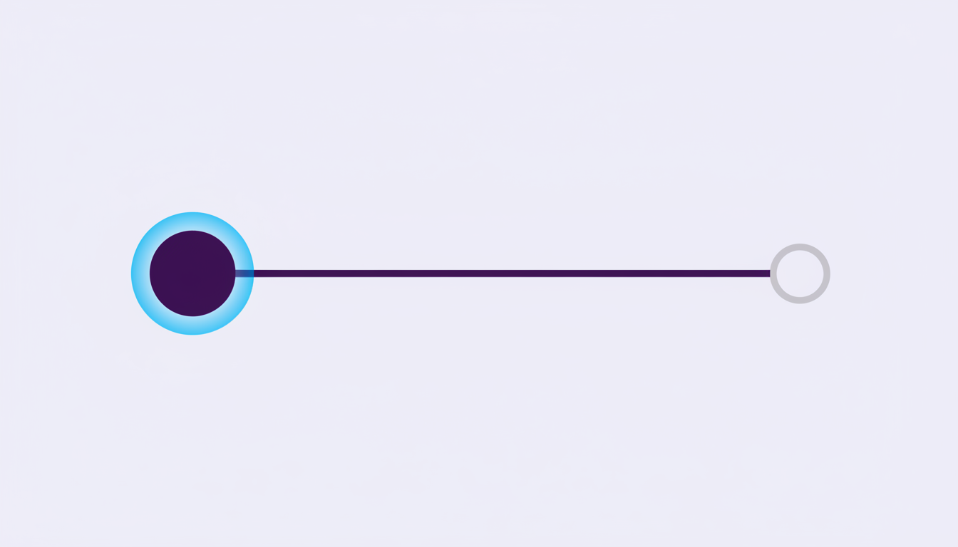 A violet timeline with the earlier point on the left lit and ringed in blue, and the later point on the right left hollow and grey