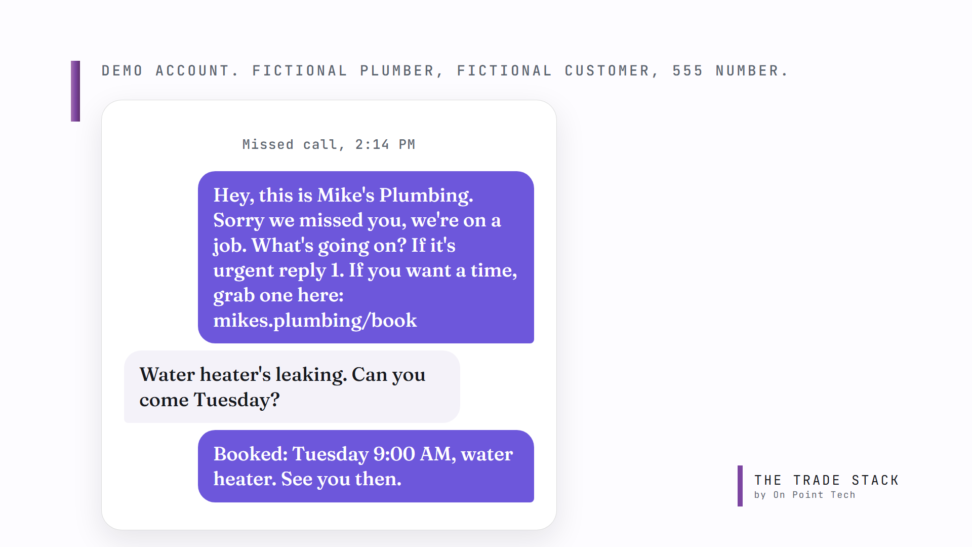 Missed call text back thread in Go High Level: the automatic text, the customer reply, and the booked water heater job