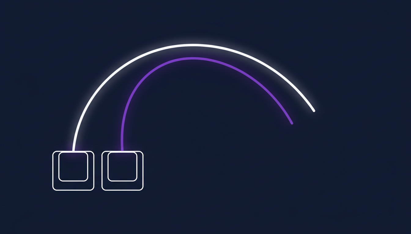 Two keyboard key caps with two separate arcs rising away from them, one white and one violet