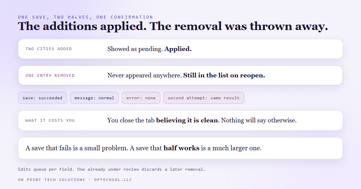 A field with an edit already under review accepts a second save, applies the additions from it, and silently discards the removals, while the confirmation message looks identical either way
