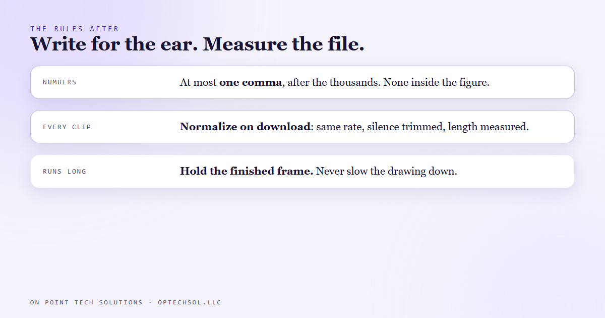 Diagram of the rules after September 22: one comma after the thousands group and none inside, normalize every clip on download for sample rate and leading silence, measure the rendered audio before trusting any timing, and hold a finished frame when a line runs long