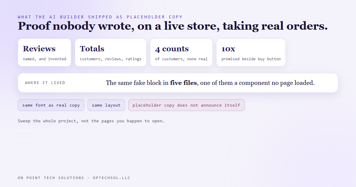 Four tiles listing what an AI site builder shipped as placeholder copy on a live store, invented named reviews, invented totals for customers, reviews and ratings, four different customer counts, and a ten times promise beside the buy button, above a row noting the same fake block sat in five files including one no page loaded