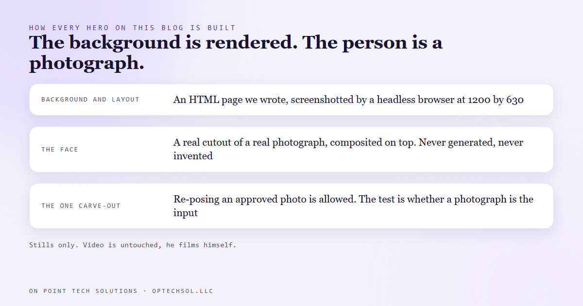 Blog hero images are built from a real photograph composited onto a rendered background, never from an AI generated face