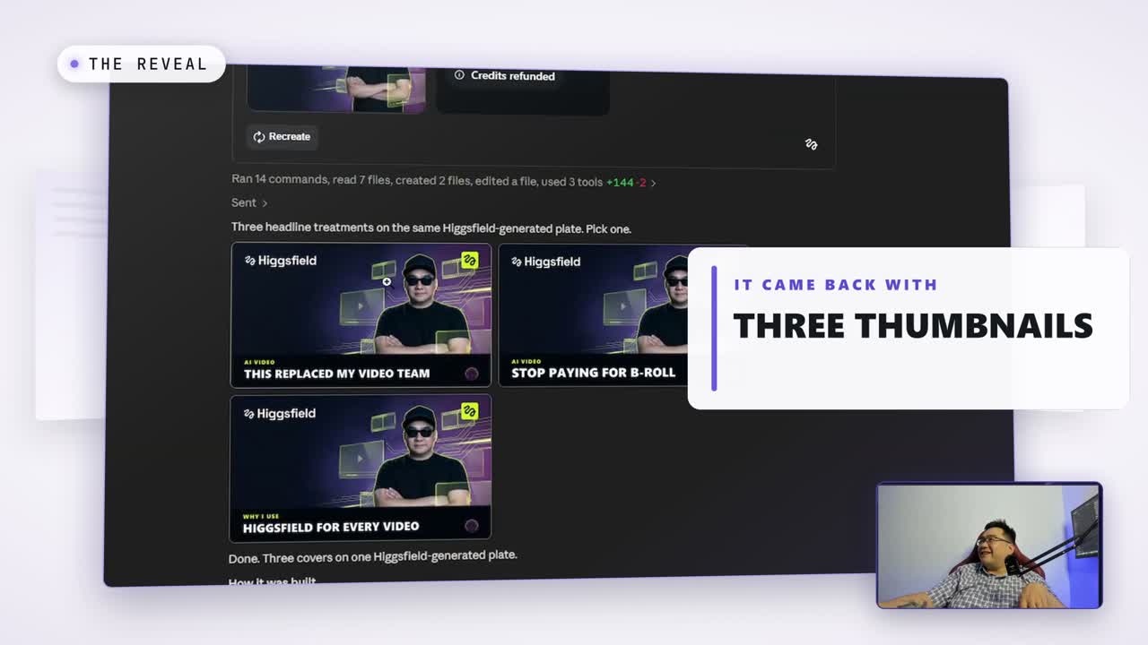 Three cinematic YouTube thumbnails Higgsfield generated with Michael Le in them through Claude Code